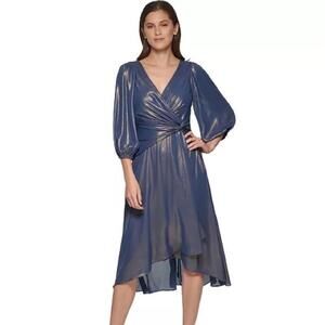 DKNY Iridescent Twisted Balloon-Sleeve evening Sleeve Dress -Denim Gold size 6